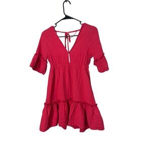 Billabong Mini Dress V Neck Ruffle‎ Detail Short Sleeve Tie Back Small